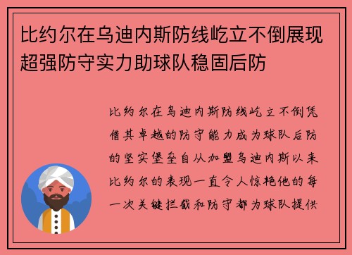 比约尔在乌迪内斯防线屹立不倒展现超强防守实力助球队稳固后防
